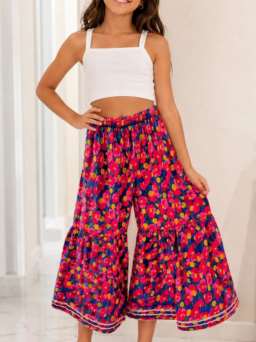 Girls' Pink Multi Floral Wide-Leg Palazzo Pants